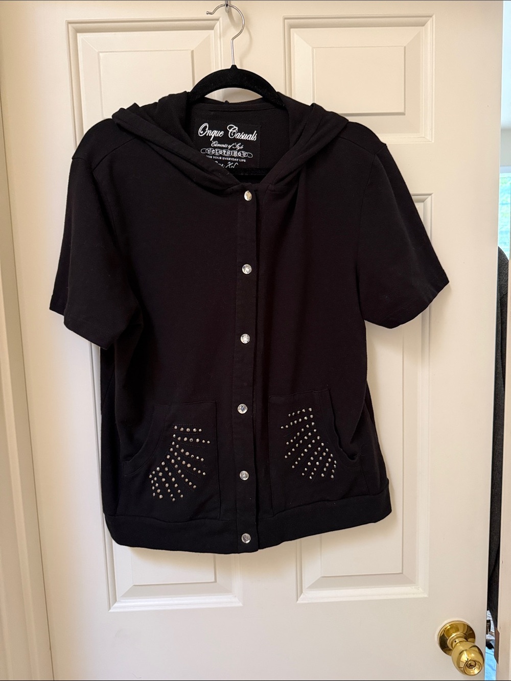 Onque Casuals Black Hooded Short-Sleeve Cardigan with Logo Patch